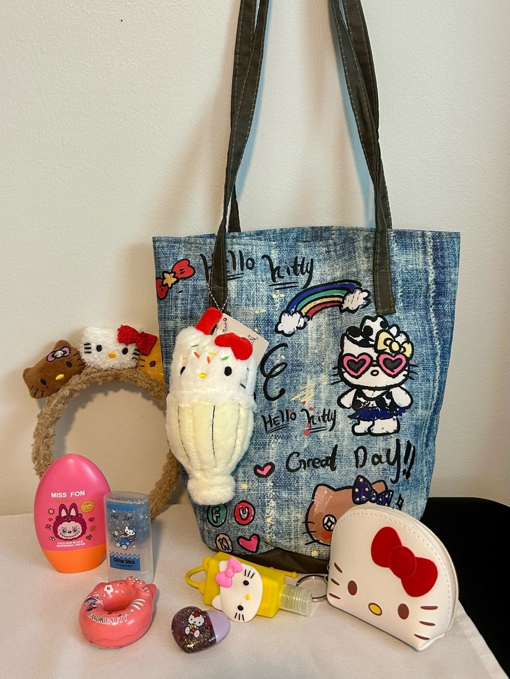 Hello Kitty Denim-Style Tote with Rainbow & Character Patches - Blue
